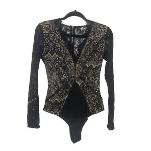 Windsor Lace Bodysuit Womens M Black Long Sleeve V-Neck Back Zip Goth Glam
